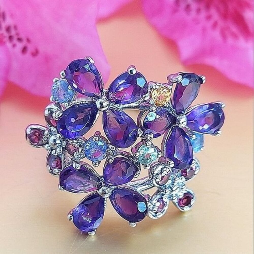 Natural Amethyst, Rhodolite, Sapphire, Tanzanite 925 Sterling Silver Ring 8